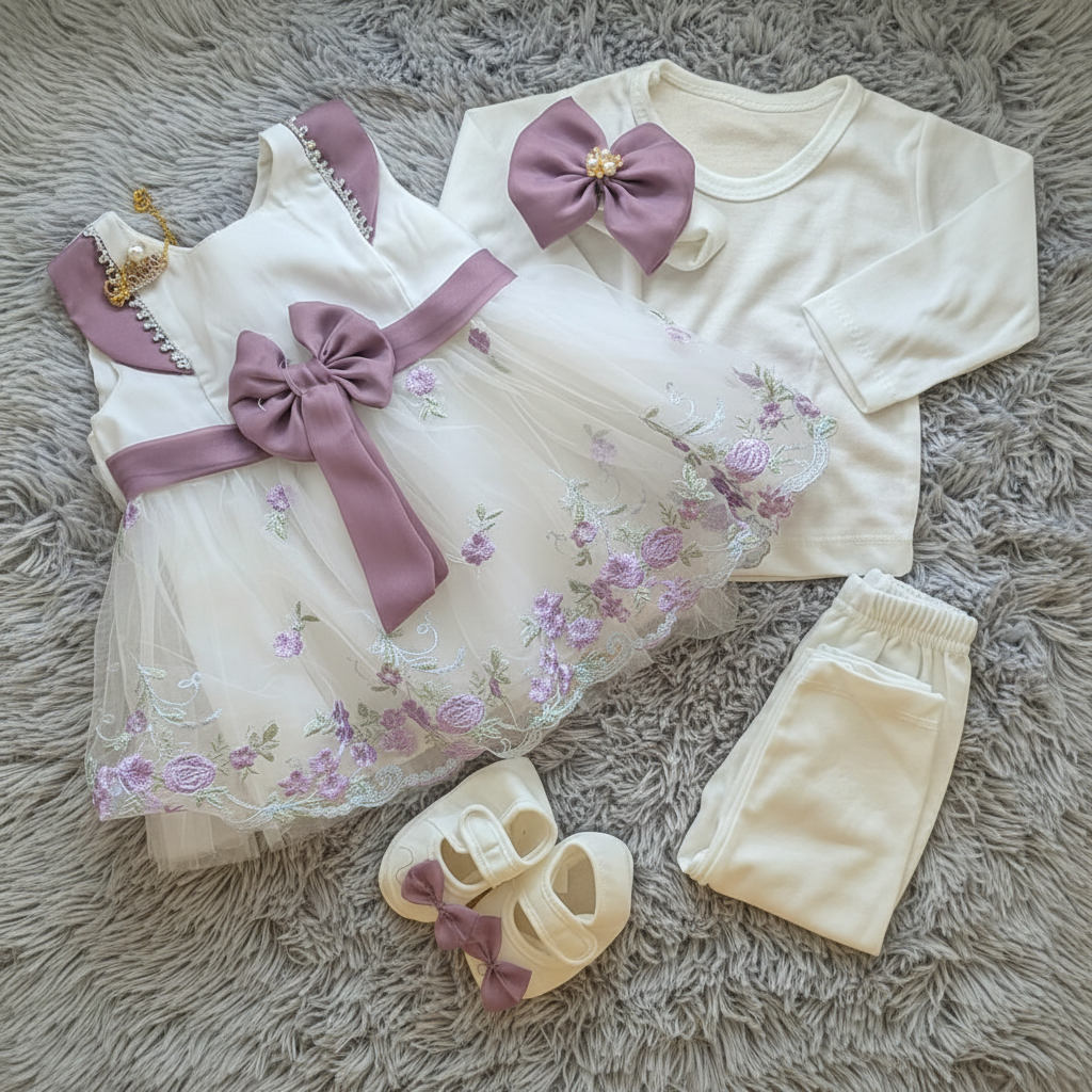 5 Pieces Frock Set - Bow on Grey Fur Blanket