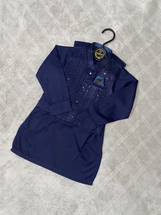 3 Pieces Premium Kameez Shalwar with Embroidered Waistcoat - Navy Blue