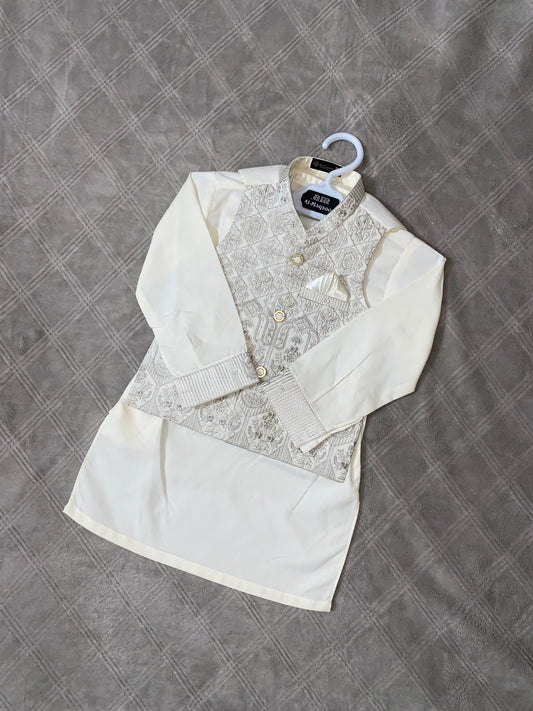 3 Pieces Premium Kameez Shalwar with Embroidered Waistcoat - Off-White