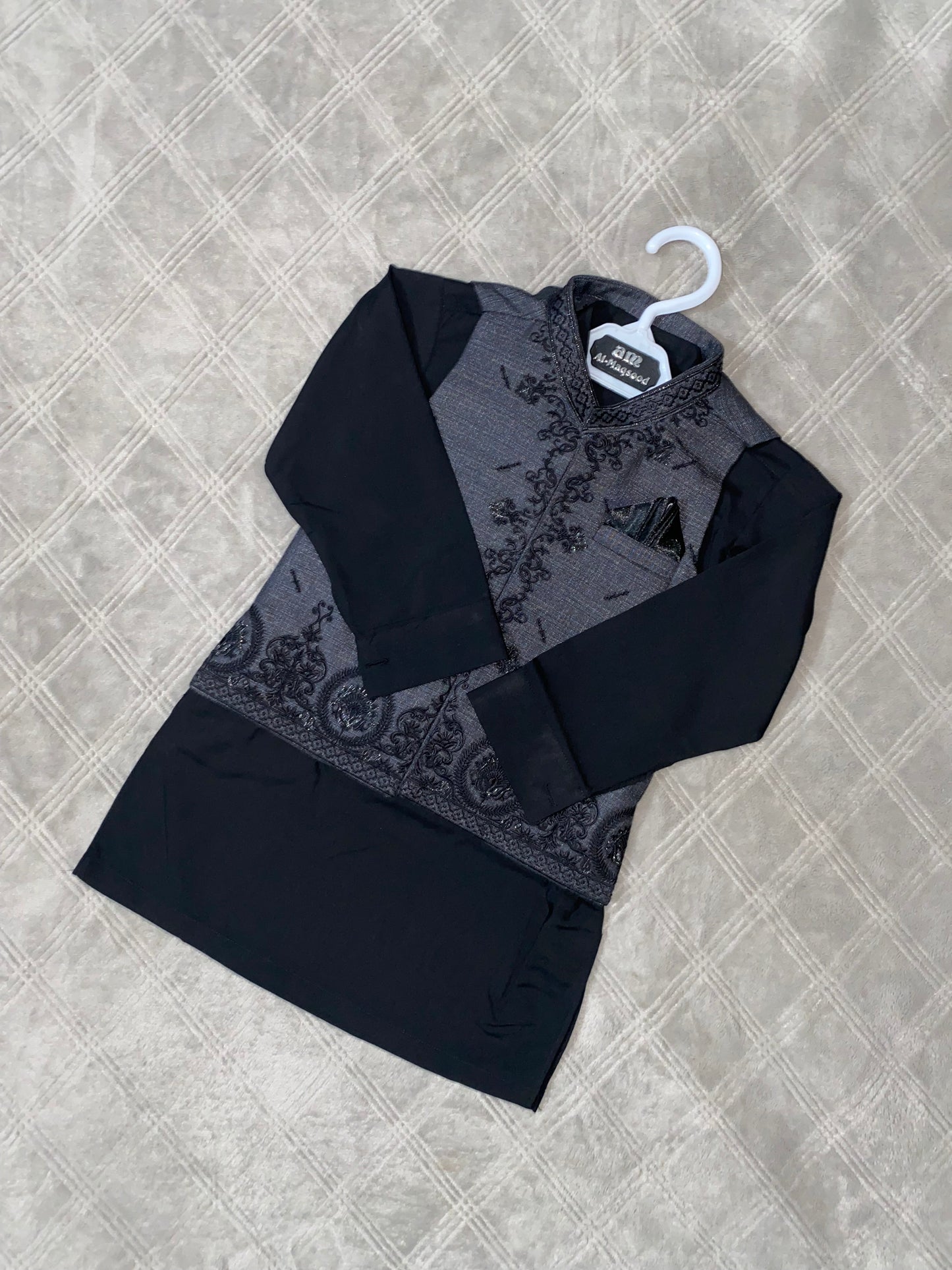 3 Pieces Premium Kameez Shalwar with Embroidered Waistcoat - Grey/Black