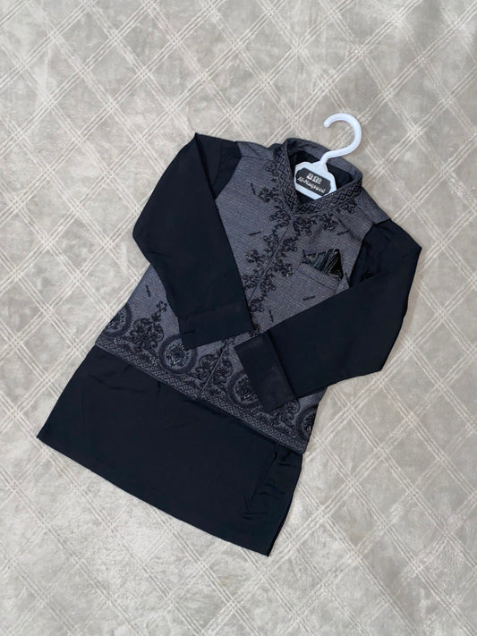 3 Pieces Premium Kameez Shalwar with Embroidered Waistcoat - Grey/Black
