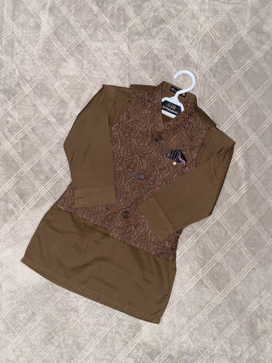 3 Pieces Premium Kameez Shalwar with Embroidered Waistcoat - Brown
