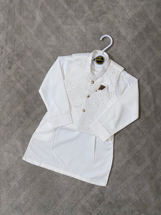 3 Pieces Premium Kameez Shalwar with Embroidered Waistcoat - Off-White