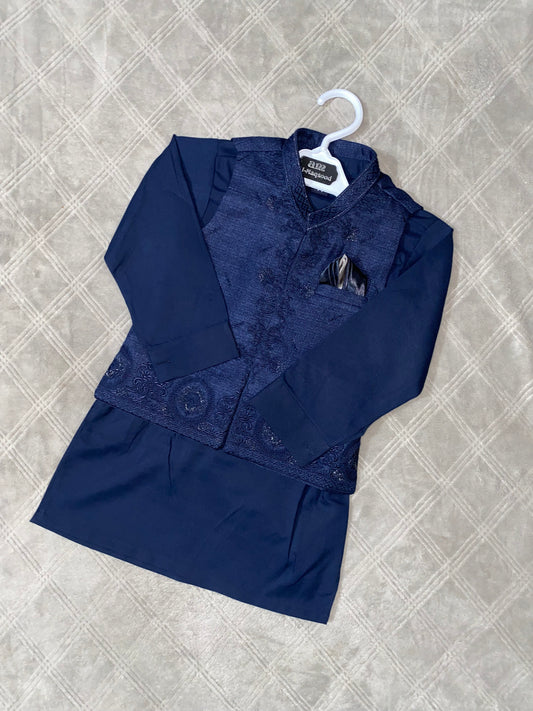 3 Pieces Premium Kameez Shalwar with Embroidered Waistcoat - Navy Blue