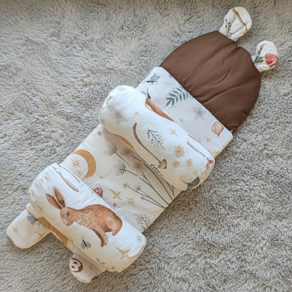 Baby Adjustable Head Shaping Pillow - Rabbit - White on Grey Fur Blanket