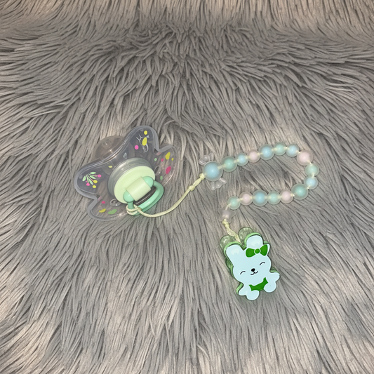 Mint Pacifier Bunny Chain on Grey Fur